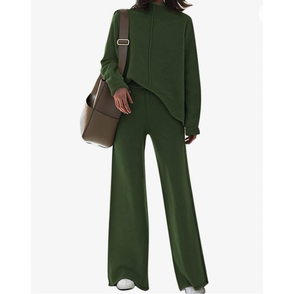 Olive Dark Green Knit Fall Autumn Winter Matching Set Wide Leg Mock Neck